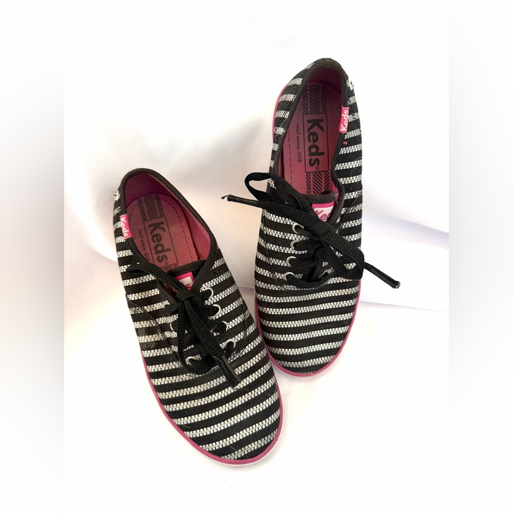 KEDS Black & White Striped Lace-Up Sneakers with Pink Accents